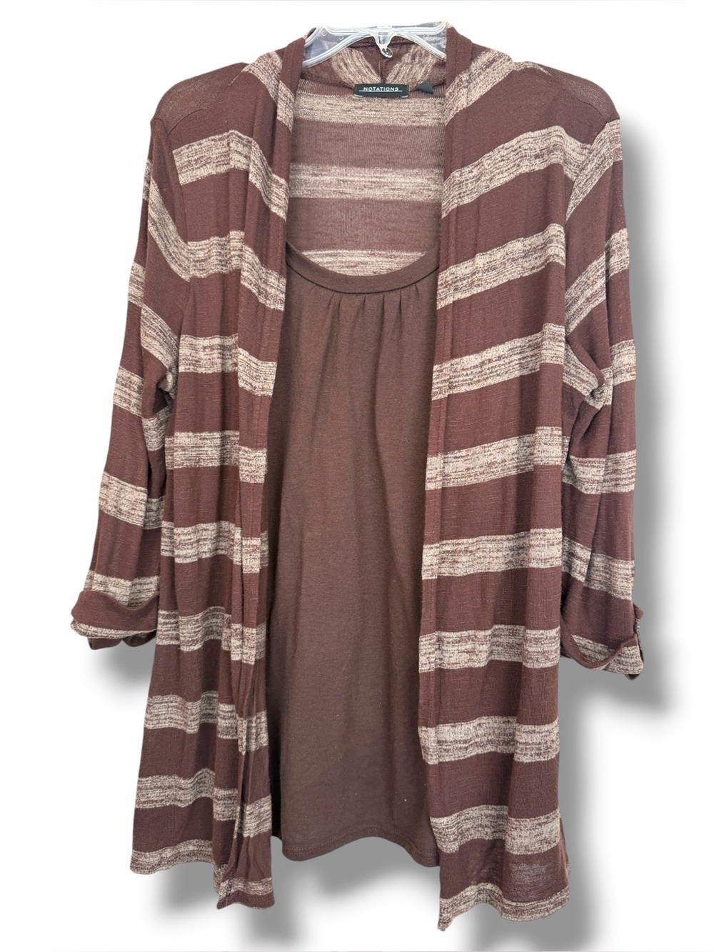 Notations Brown Beige Vintage Stripe Scoop Neck Y2K Blouse Cardigan Top Shirt XL